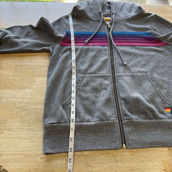 Aviator Nation Gray Hoodie Rainbow 5 Stripe Full Zip Small Sweater PRISTINE - Picture 7 of 9